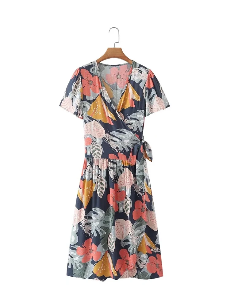 

Merodi Womens Summer Elegant Flower Print Black Long Dresses Girls V-Neck Short Sleeve Fashion Knotted High Waist White Dress