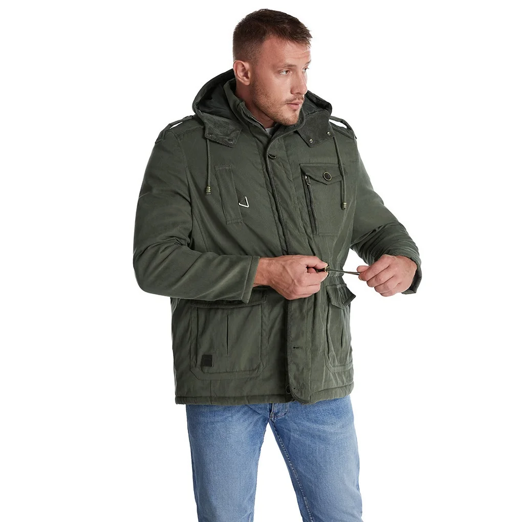Mid Length Faux Plush Inner Warm Hooded Jacket Men Plus Size Thick Multi-pocket Casual Winter Coat Removable Hooded Parka
