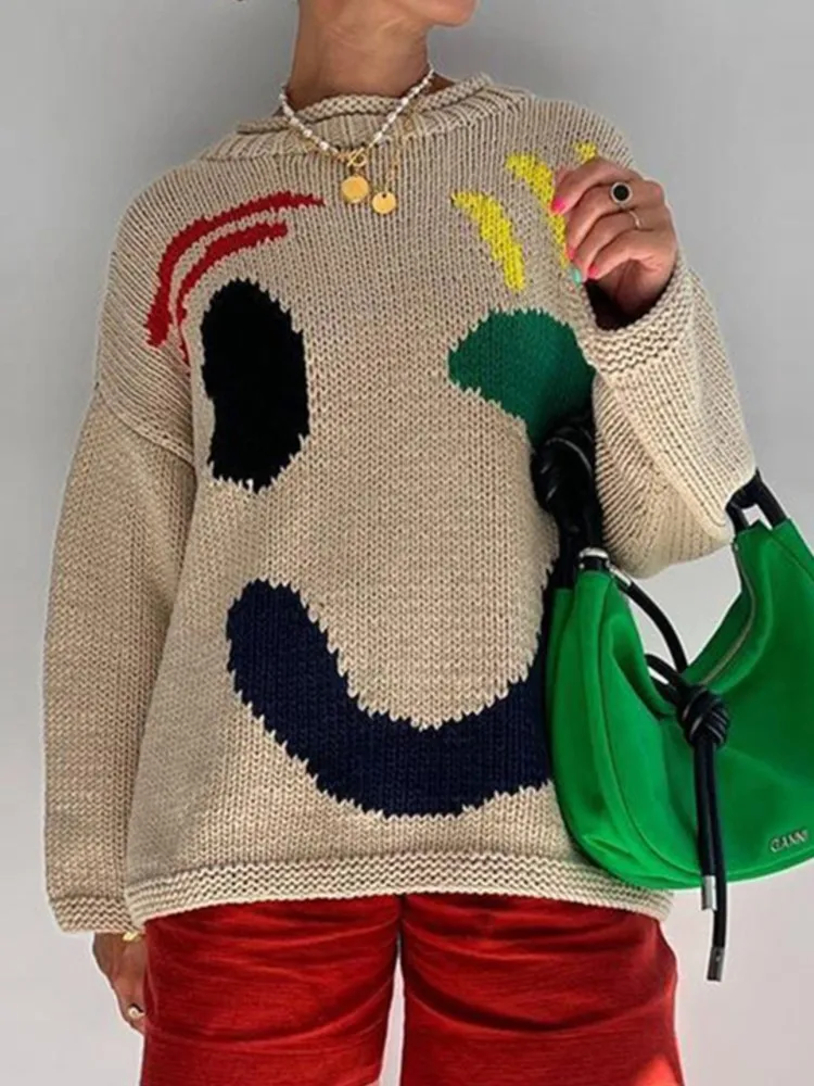 

RDMQ 2023 High Street Smile Pullover Knit Casual Women Winter Long Sleeve Jumper Top 2yk Girls Contract Color Thickness Sweaters
