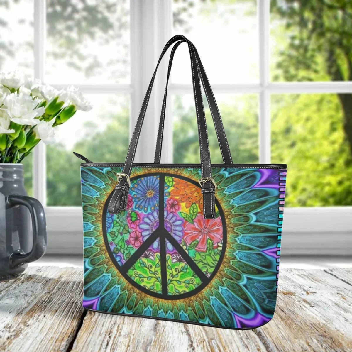 Hippie Peace and Love Luxury Ladies Tote Bags PU Leather Handbags Top-Handle Casual Long Shoulder Strap Clutch for Girls Bolsas