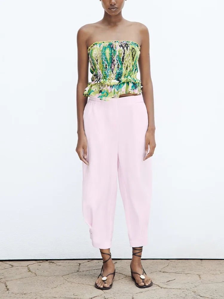 

New women's summer sweet Korean style casual temperament pleated layered decoration tube top printed straight collar top