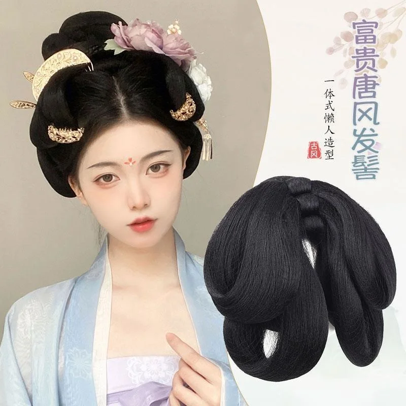 

Китайская антикварная сумка Hanfu для париков, полная нить для волос, ложка для спины, древний аксессуар для головного убора, черные парики для женщин, высокий пучок волос