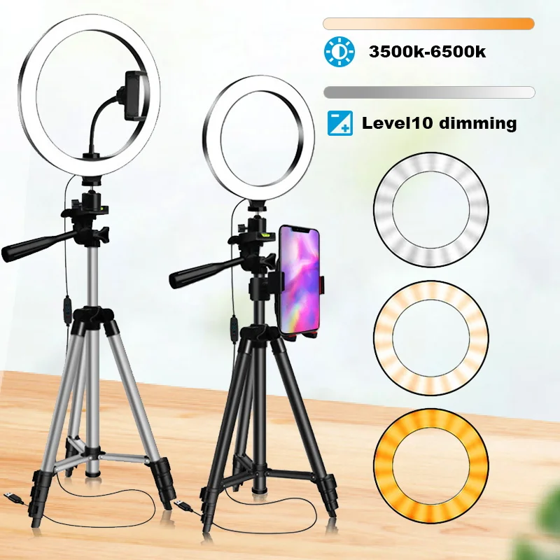 

10" 26cm LED Selfie Ring Light Photography Video Fill Light Dimmable Round Lamp Phone Stand Tripod For Tiktok Youtube Live