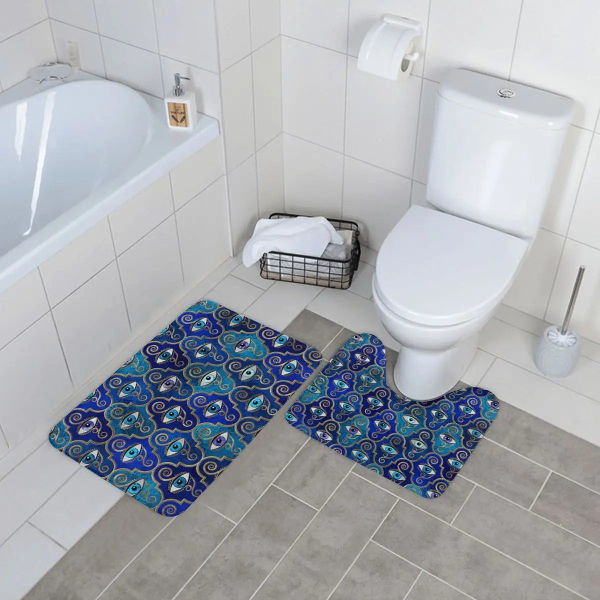 

Evil Eye Charm Bath Mat Greek Amulet Print Vintage Polyester 2 Piece Bathroom Mat Set Pet Washable Bathroom Rug