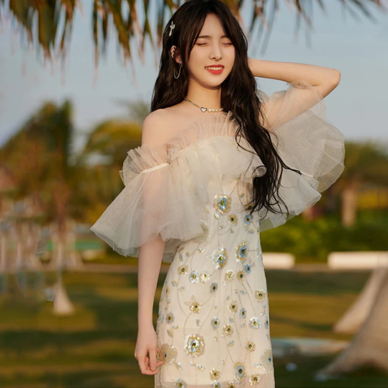 

Party Dresses Women Evening Elegant Sexy Off Shoulder Slash Neck Mesh Mini Dress Sleeveless Embroidery Women Bodycon Dress 2022