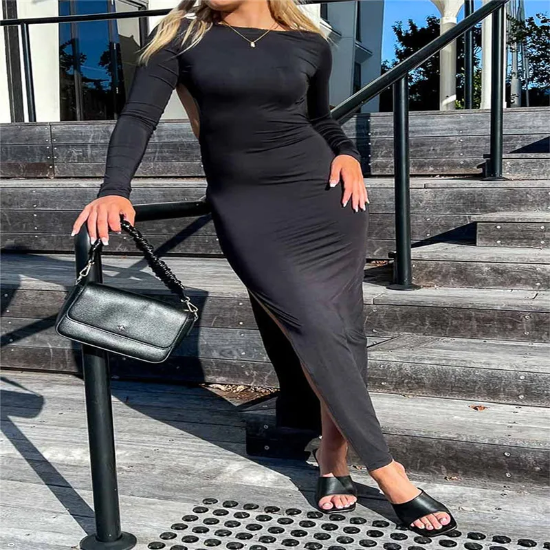 

Women's Black Backless Long Dress Sexy Elegant Long Sleeve Scoop Neck Solid Color Split Midi Dress Party Club Dresses for Autumn