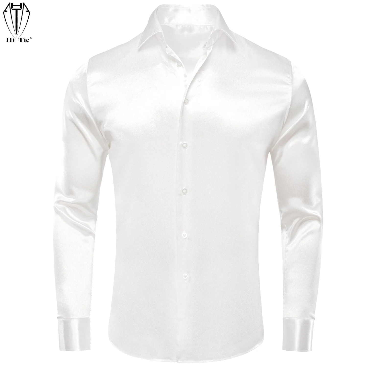 Hi-Tie Formal Plain Silk Mens White Shirts Long Sleeve Pure Solid Satin Suit Dress Shirt Casual for Male Wedding Business Gift