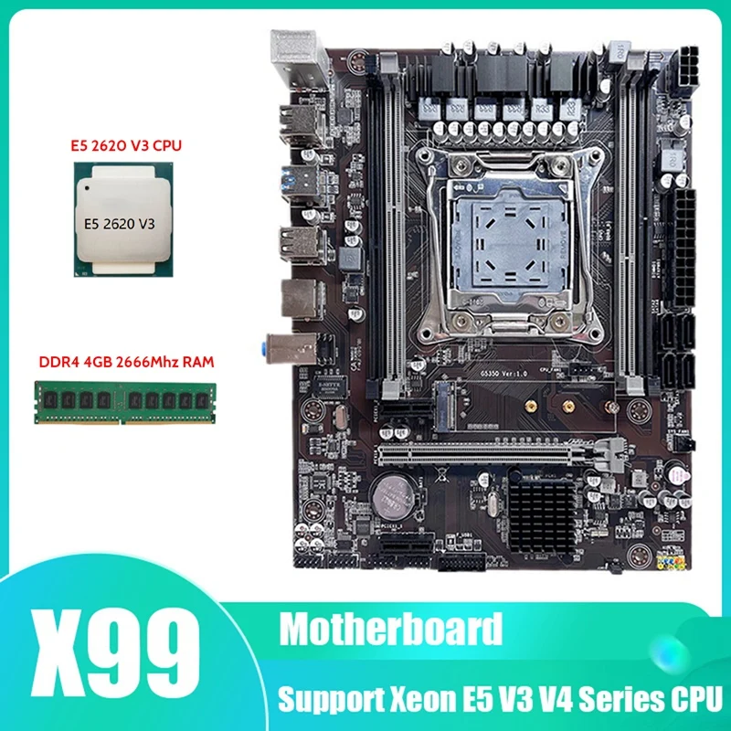 

X99 Motherboard LGA2011-3 Computer Motherboard Support Xeon E5 V3 V4 Series CPU With E5 2620 V3 CPU+DDR4 4GB 2666Mhz RAM