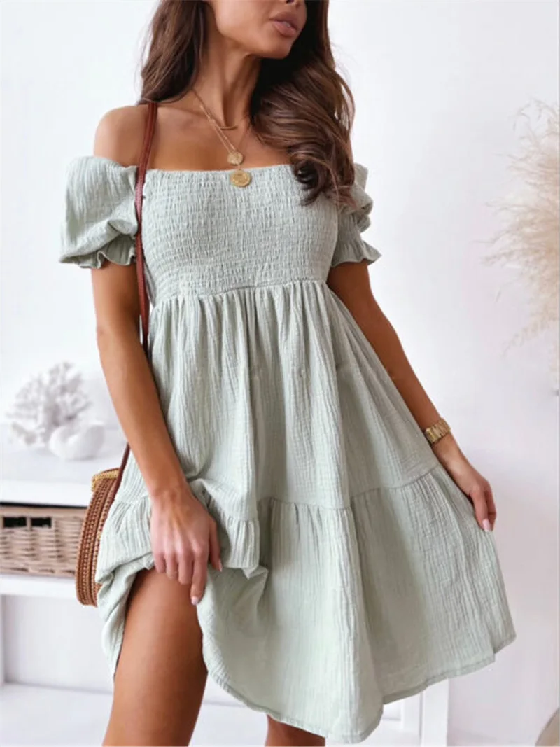 

2022 Fall Women's Dress White Off The Shoulder A-line Short Sleeve Casual Dresses Female Elegant Fashion Beach Ladies Clothes