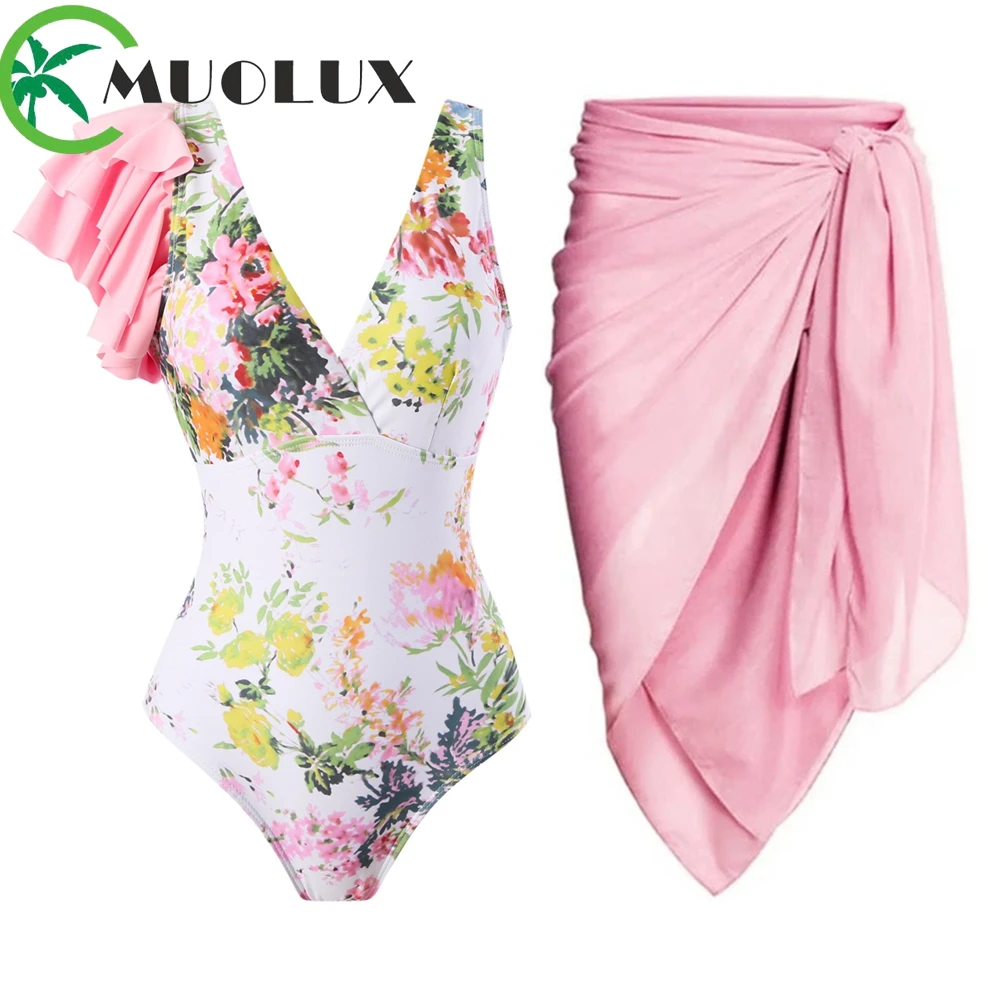 MUOLUX 2023 Sexy One Piece Swimsuit Women Swimwear 3D Flower Ruffle Print Monokini Sarong Beach Bathing Suits Cover Up Dress