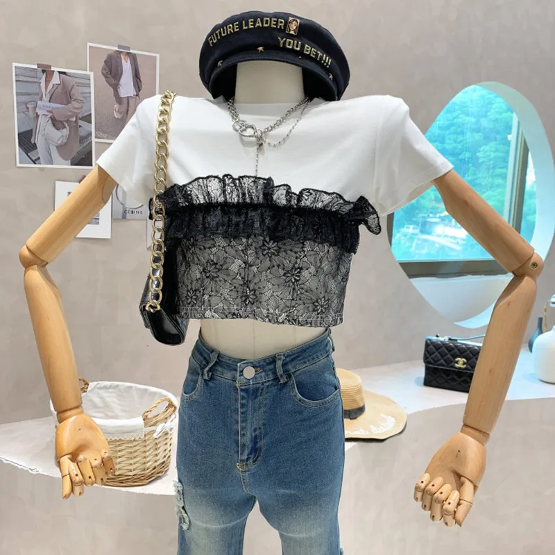 

Niche Design New Women's Clothing 2022 Summer Slim Round Neck Design Lace Splicing Short Sleeve T-shirt Blusa Feminina