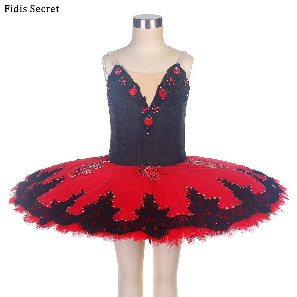 

Black Bodice Red Pancake Tutu Skirt Professional Ballet Dress,Girls Ballerina Classical Performance Kitri Paquita Stage Costumes