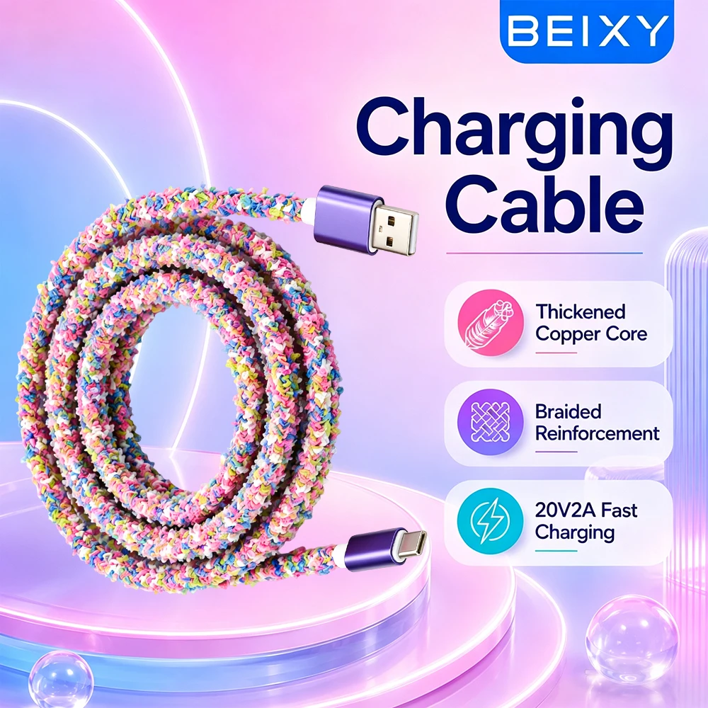 Фото Кабель Beixy USB Type C 3 м для быстрой зарядки Samsung, Xiaomi, OnePlus, ноутбуков, яркий плетеный кабель USB C для зарядки и передачи данных. №1