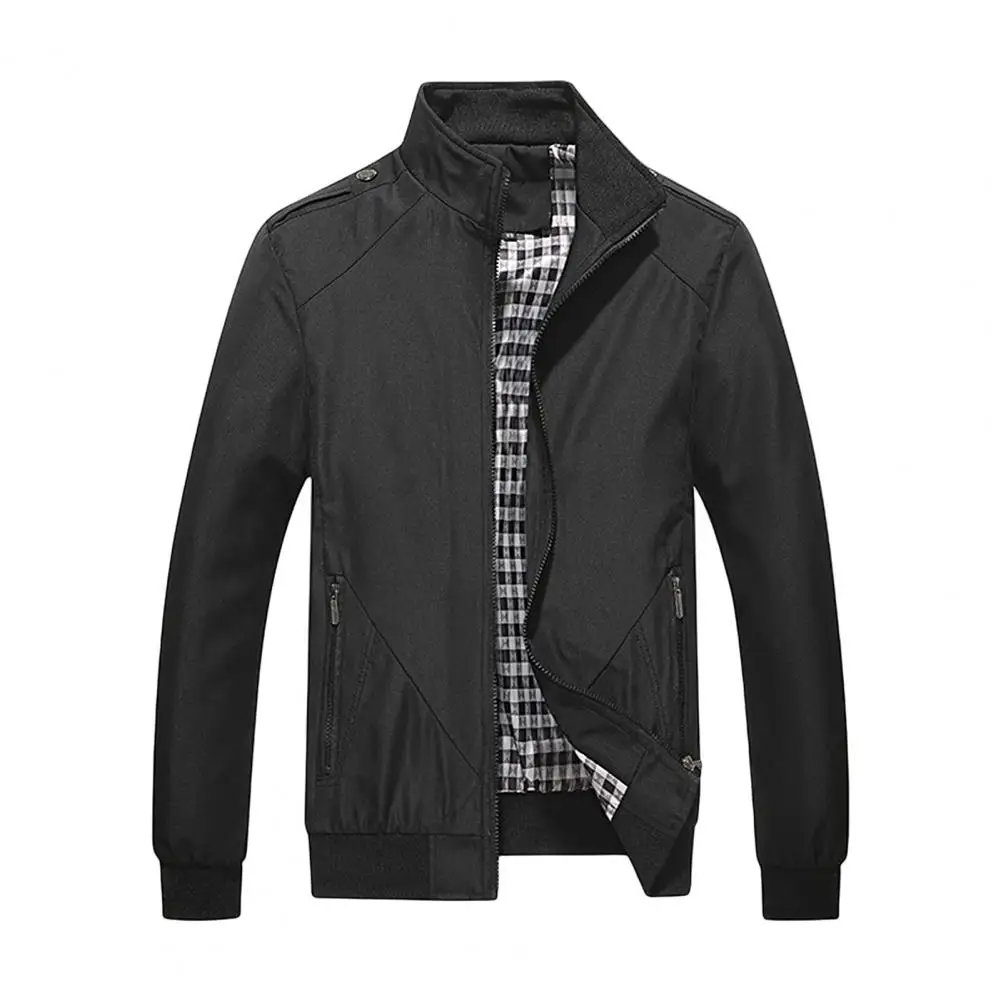 

Autumn Winter Men Jacket Solid Color Stand Collar Streetwear Plus Size Zipper Placket Baseball Coat for Daily Wear