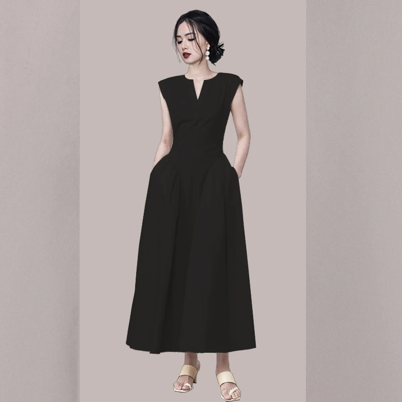 

JSXDHK France Designer Runway Summer V Neck Solid Long Dress 2023 New Elegant Women Sleeveless Slim Waist Pockets Party Vestidos