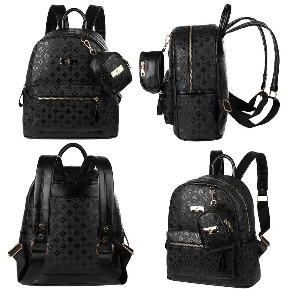 Women Backpack 2 in 1 PU Leather Shoulders Bag Chic School Bags Portable Travel Daypack with Hanging Pouch, Black