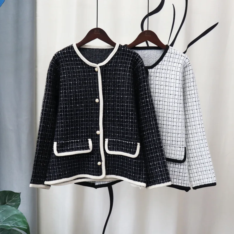 

Plaid Imitation Mink Knitted Cardigan 2022 Autumn and Winter Korean Version Loose Temperament Small Fragrance Wind Sweater Coat