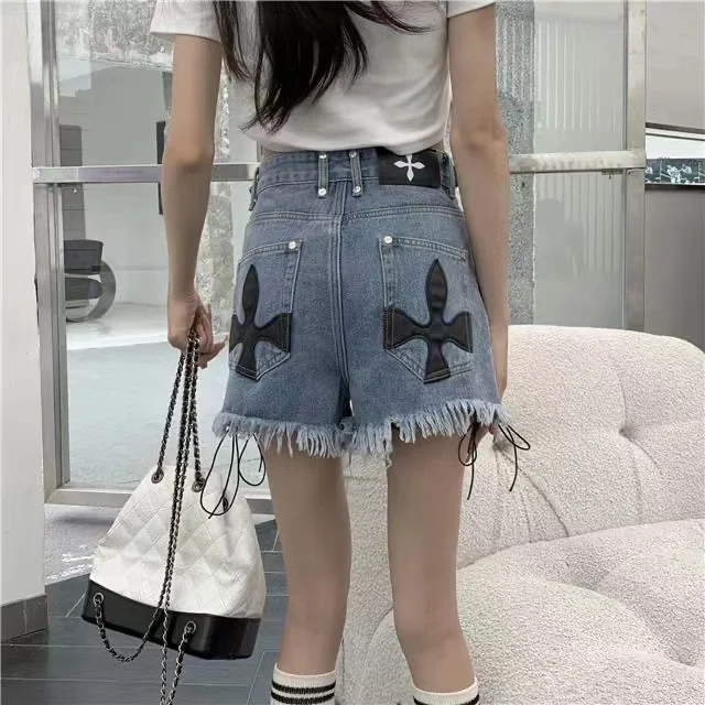 Sweet Cool Dark Gothic Hip Hop Streetwear Female Black Personality Summer Bandage Tassel Trend Jeans Raw Fringe Denim Shorts