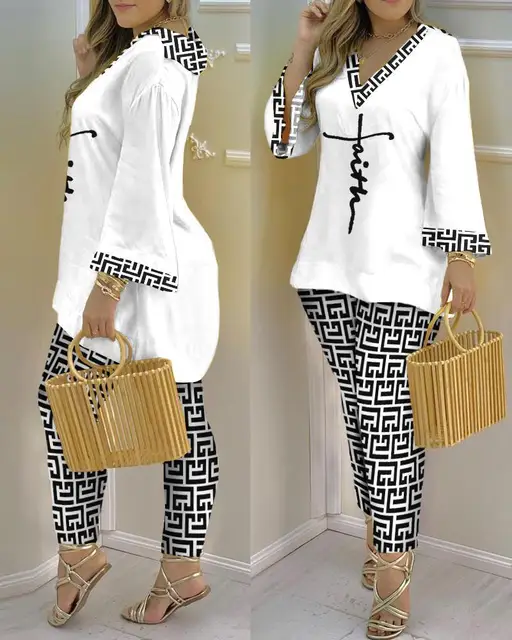 Women's Fashion Sexy V-neck Printing Thin Long-Sleeved Trousers Casual Women's Suit Two-Piece Set 1