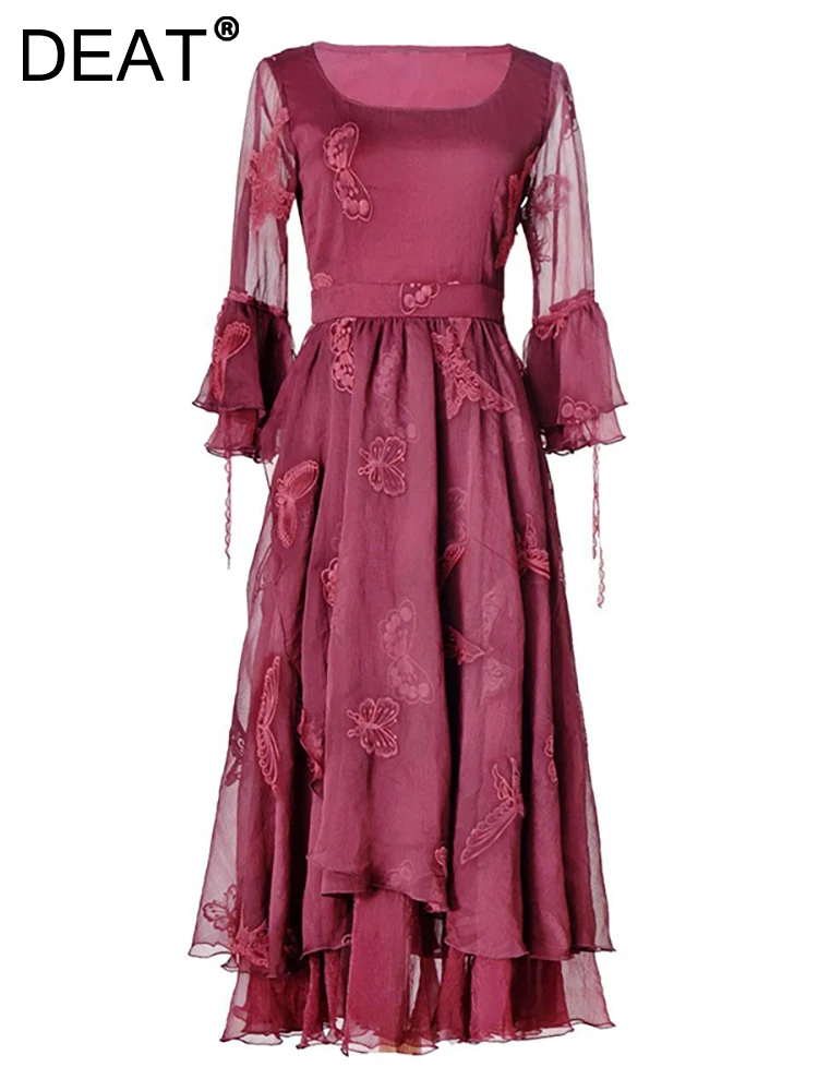 

DEAT Women's French Dress Square Collar Lace Embroidery Patchwork Waist Lace-up Fashion Female Dresses Summer 2023 New 13DB2163