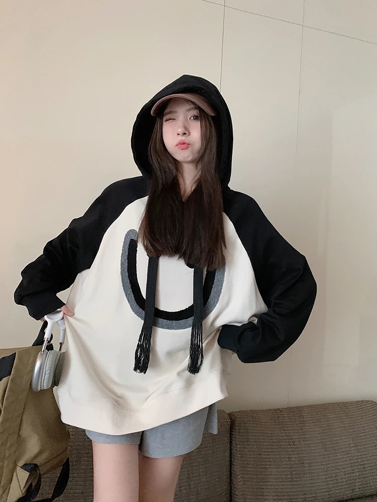 

1769 Autumn 2022 new smiley embroidery loose American contrasting sweatshirts