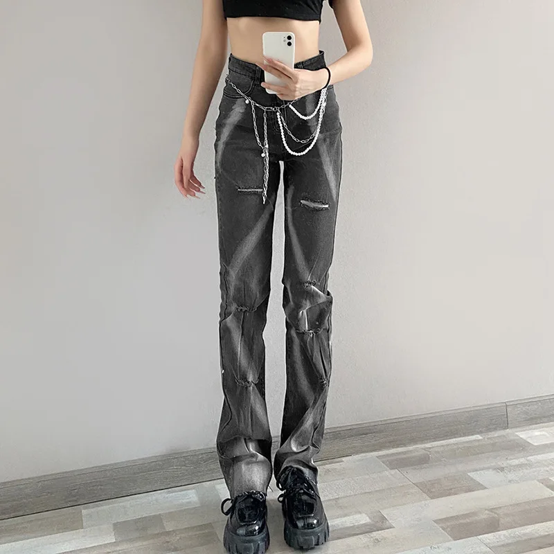 Women's High Waist Slimming Printed Straight-leg Ripped Casual Street Style Jeans Punk Aesthetics Skinny Y2K Streetwear Trousers