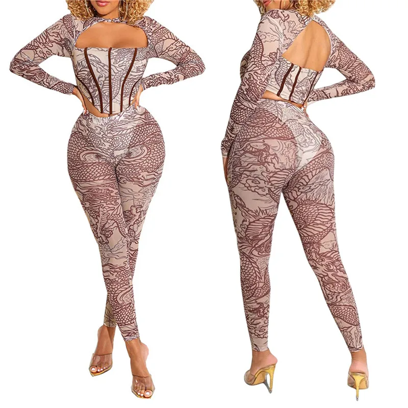 

2 Pieces Female Suit Pant Sets Dragon Print Round Neck Long Sleeve Hollow Out Crop Tops+Long Pants Outfits Women Spring Clothing