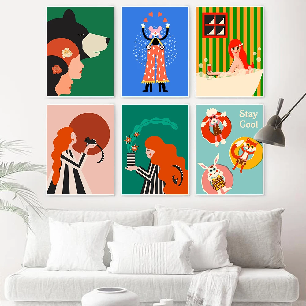 

Redhead And Kitten Plant Canvas Prints Cartoon Abstract Clown Bubbles Poster Wall Painiting Funny Kids Room Home Decor Pictures