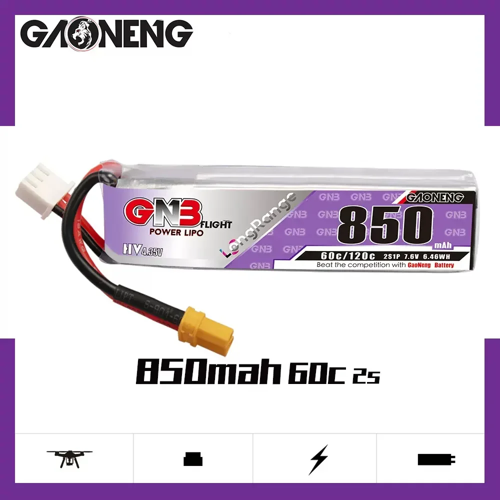 Фото GNB HV 60C 850 мАч 7,6 В/2 с 11,4 В/3 с 15,2 В/4 с разъемом XT30 для FPV Racing Cine Whoop №1