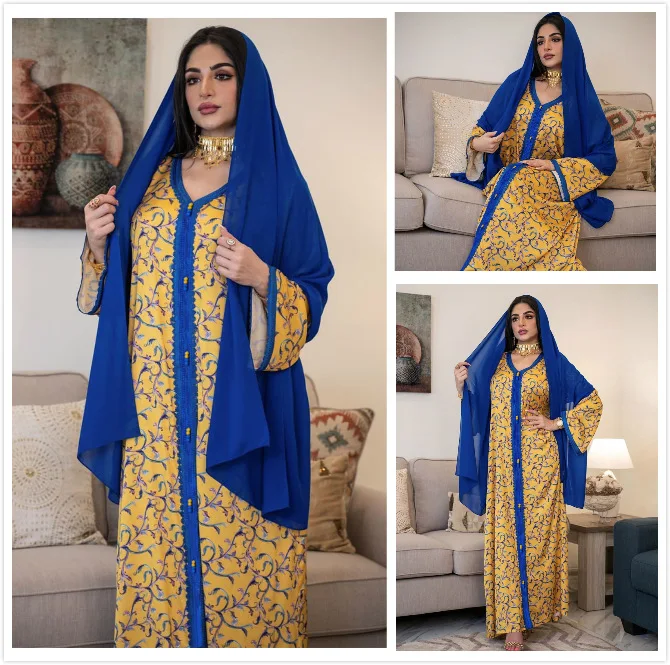 

Vintage Ethnic Print Hijab Dress for Women 2021 Middle East Arabic Dubai Turkey Oman Kuwait Moroccan Kaftan Blue Abaya