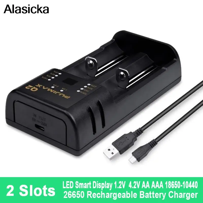 

2 Slots Li-ion/Lithium Battery Charger with LED Smart Indicator USB Cable For 18650 14400 26650 1.2V AA/AAA NiMH Chargers