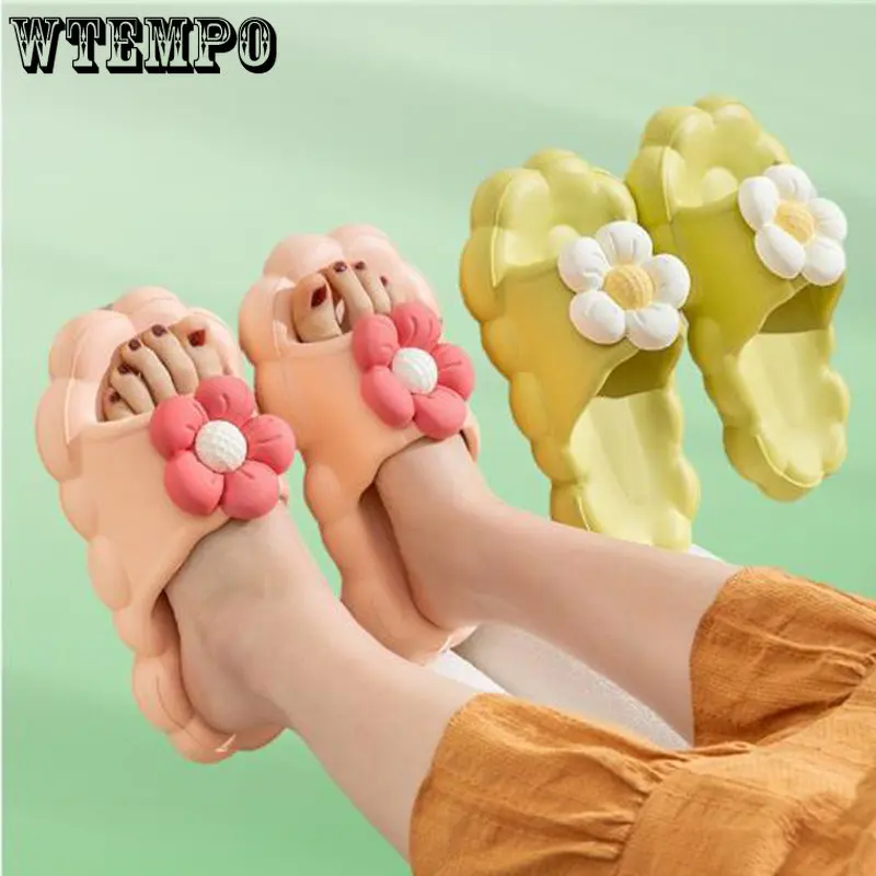 Women Bathroom Slippers Home Wear Fashion 3D Flower Beach Shoes Thick Platform Summer Sandals Lovely EVA Antiskid Flip Flops