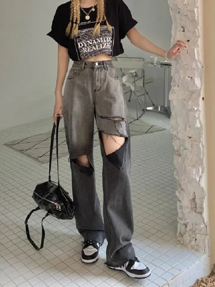

QWEEK Korean Streetwear Black Baggy Jeans Women Fashion Blue High Waist Hollow Out Denim Pants Oversize Wide Leg Trousers Female