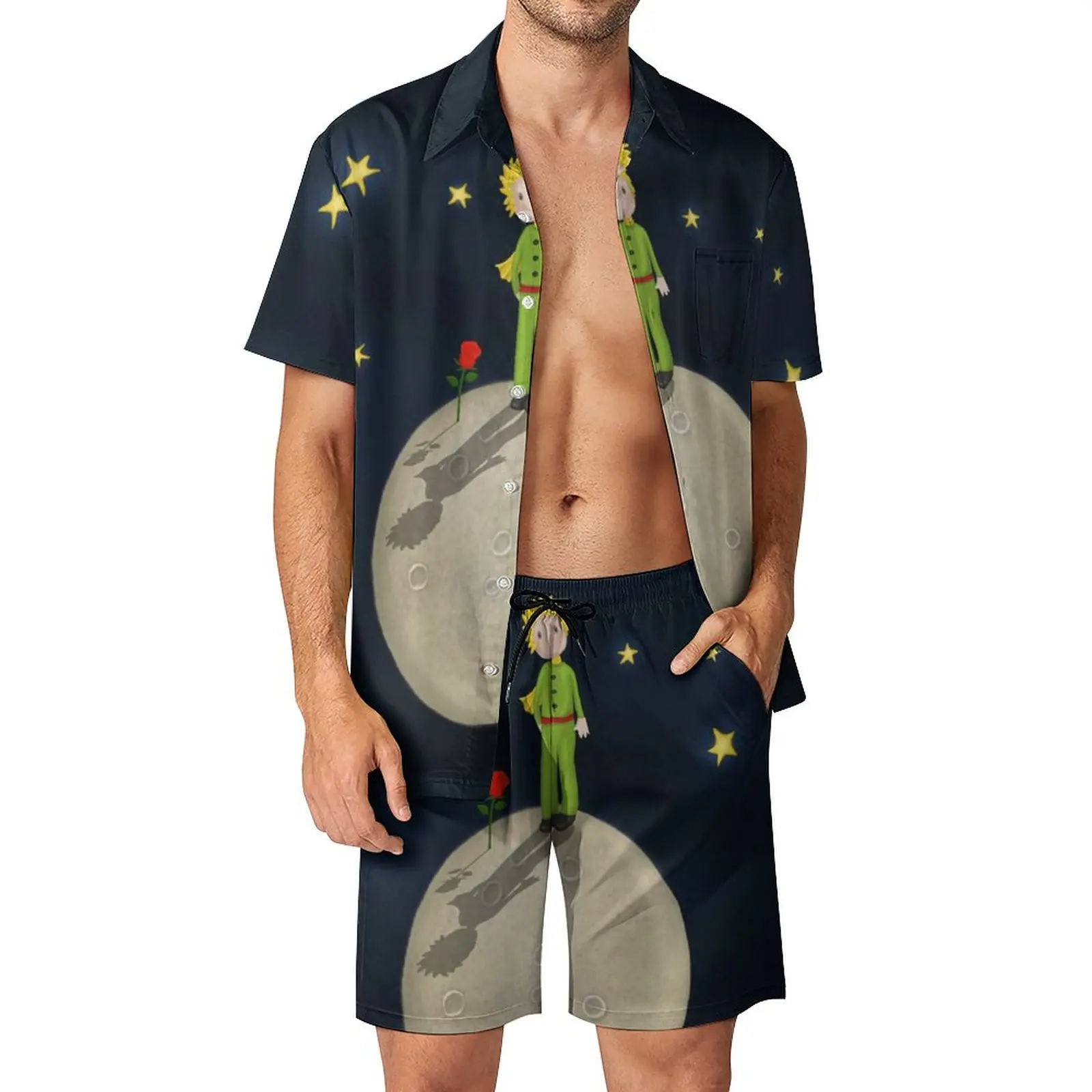 

Little Prince Men Sets Red Rose And Moon Print Casual Shorts Summer Fashion Beach Shirt Set Short Sleeve Big Size Suit Gift Idea