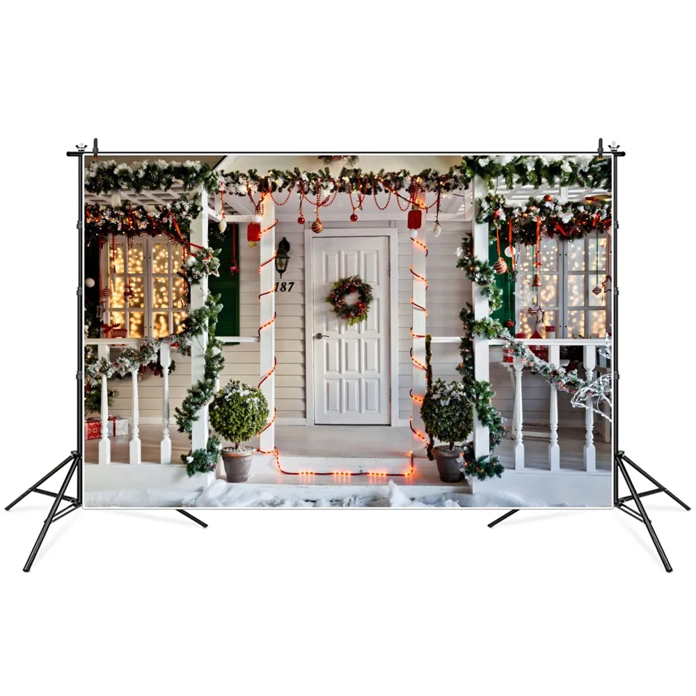 

Christmas House Snow Porch Photography Backdrops Custom Garland Wreath Door Baby Party Decoration Photo Booth Backgrounds Props