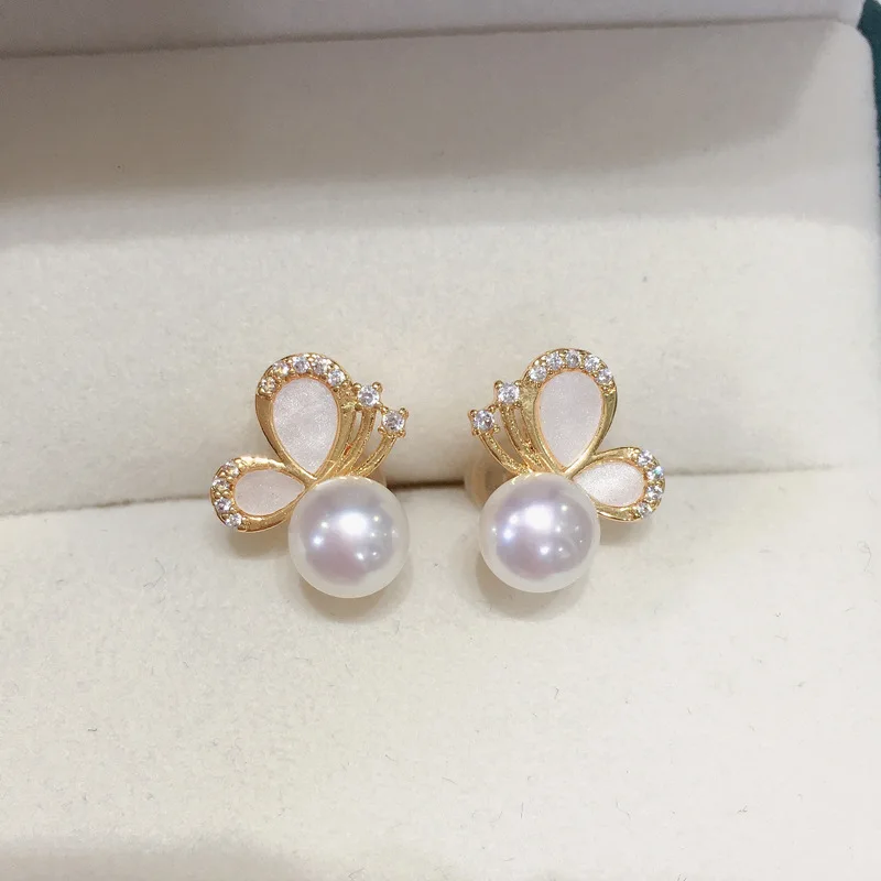 

Natural Freshwater Pearl Earrings Female Butterfly 18K Gold Plated Micro Inset Zircon S925 Sterling Silver Earpins Banquet Gift