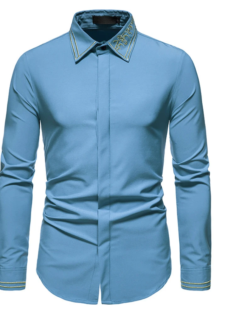 Men's Colorblocking Business Fashion Embroidered Long Sleeve Shirts Hollow Embroidery High Quality Shirts for Men 2022 New