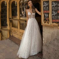 elegant spaghetti strap v neck glitter lace appliques 2022 bridal wedding dress backless flower pattern train vestido de novia