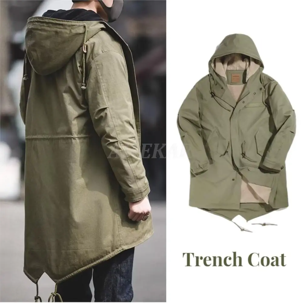 2023 Men's Thick Hooded Fishtail Cotton Coat Plus Velvet Parka Jacket Army Green Windbreaker Winter Autumn Men Trench Coat