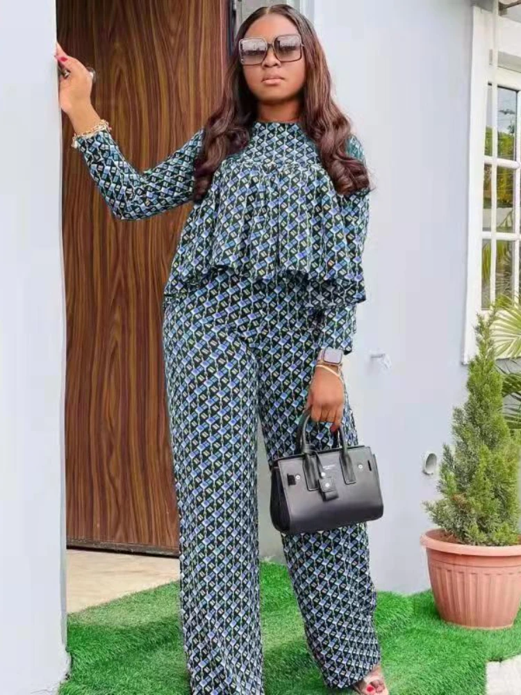 

Pleated Two Pieces Sets Women Plaid Print O Neck Tops and Wide Leg Pant Long Sleeve Party Casual Office Ladies Outfits 2022 New