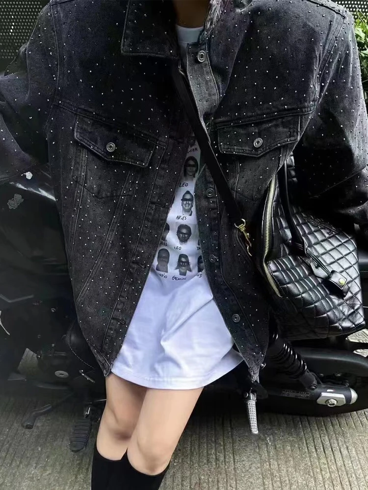 BKQU Женская Блестящая куртка большого размера черные джинсовые пальто 2024 модное