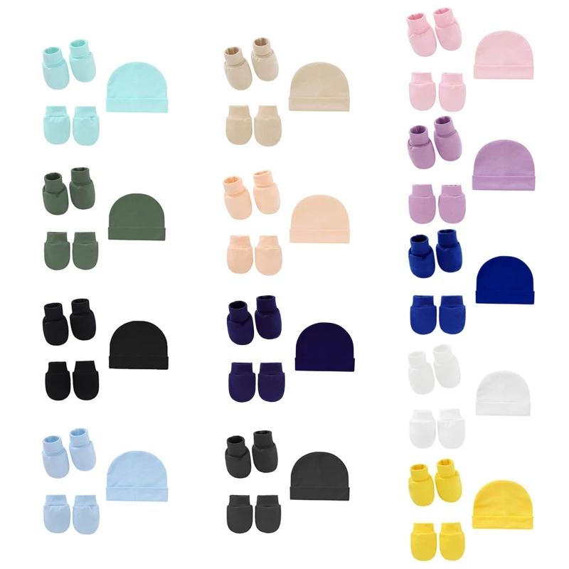 

Q81A 3 Pcs/Set Solid Color Spring Autumn Summer Single Layer Baby Anti Scratching Soft Cotton Gloves Hat Foot Cover Set