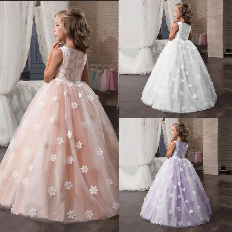 

Fancy Flower Long Prom Gowns Teenagers Kids Dresses For Girls Children Party Dress Princess Bridesmaid Wedding Formal Costume