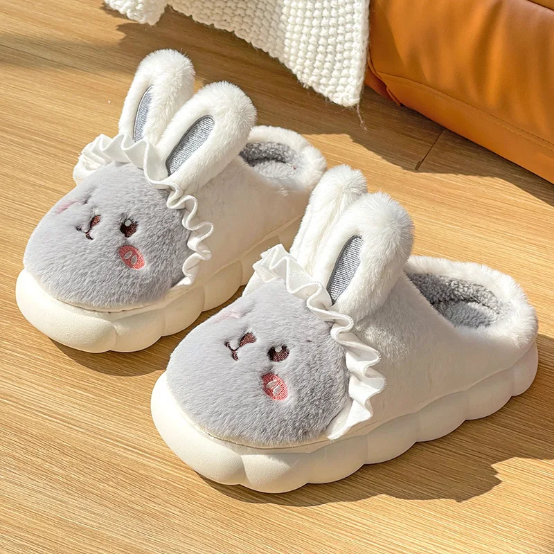 Gray Bunny Slippers Winter Fur Flip Flops Women's Warm Platform Fluffy Ears Slippers Girls House Shoes 2022 Rabbit Sliper Mules