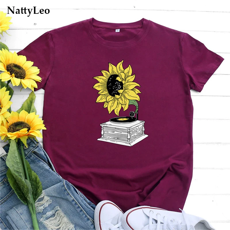 

Summer Woman TShirt Floral Clothing Women T Shirt Funny Sunflower Radio Print T-Shirt 100%Cotton O Neck Short Sleeve Top Tees