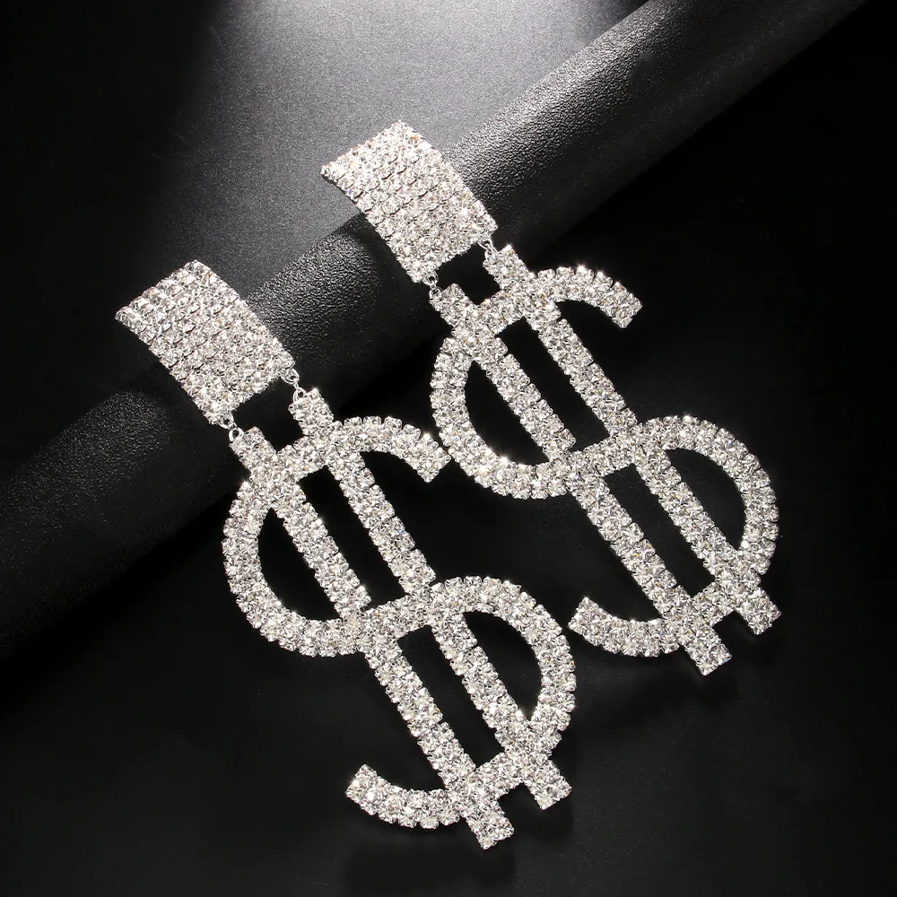 Novelly Rhinestone Super Large Dollar Icon Pendant Dangle Earings for Girl Crystal Geometric Statement Drop Earrings Accessories