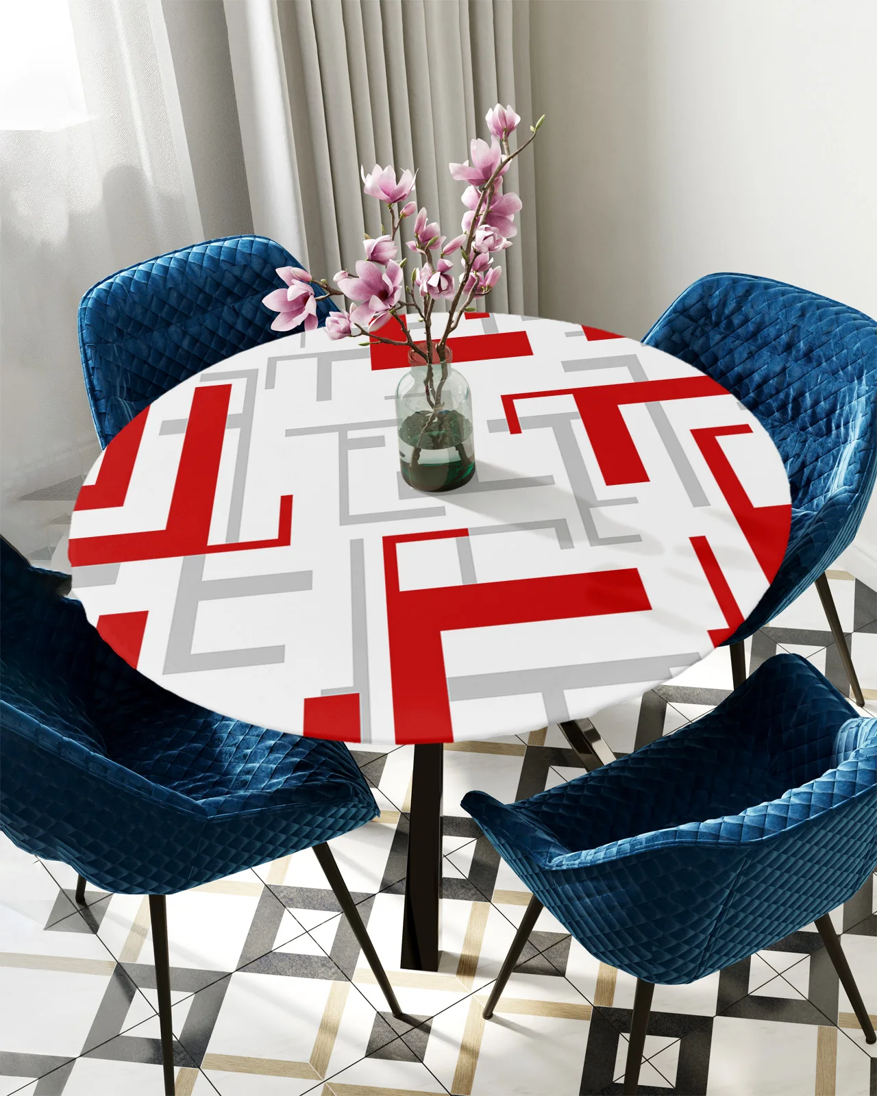 

Modern Art Geometry Red Grey Round Elastic Edged Table Cover Protector Cloth Waterproof Polyester Rectangle Fitted Tablecloth