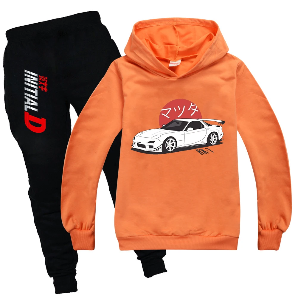 Initial D Hoodie Kids Japanese Anime Autumn Spring Sweatshirt Girls/Boys Graphic Clothing Set Long Sleeve Suit Casual Tops 2-15Y