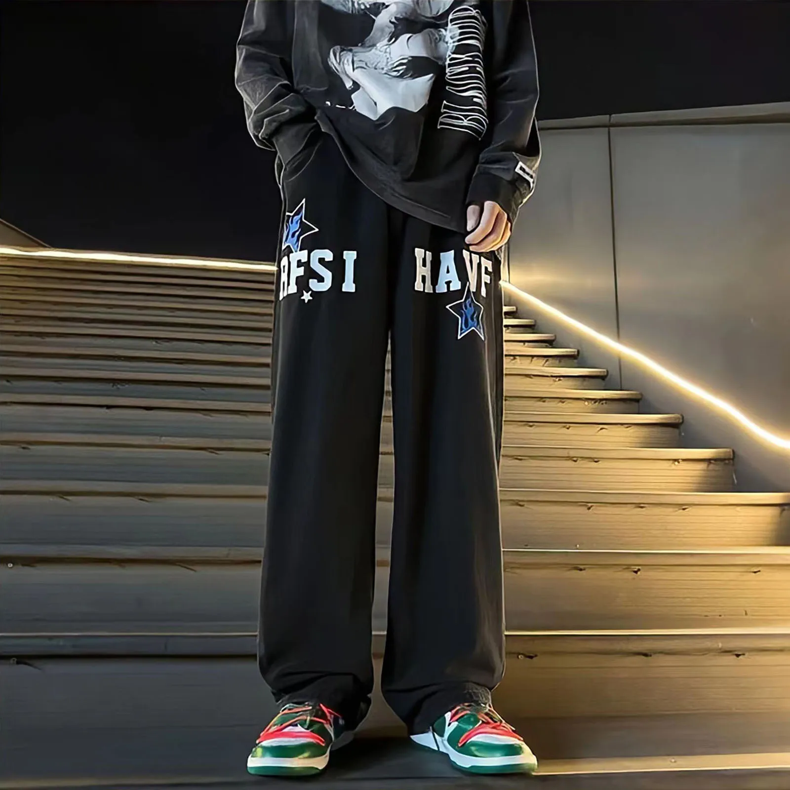 Streetwear Y2k Jeans Man Trend Baggy Straight Pants Harajuku Style Printed Graffiti Star Letter Vintage Hip Hop Casual Trousers