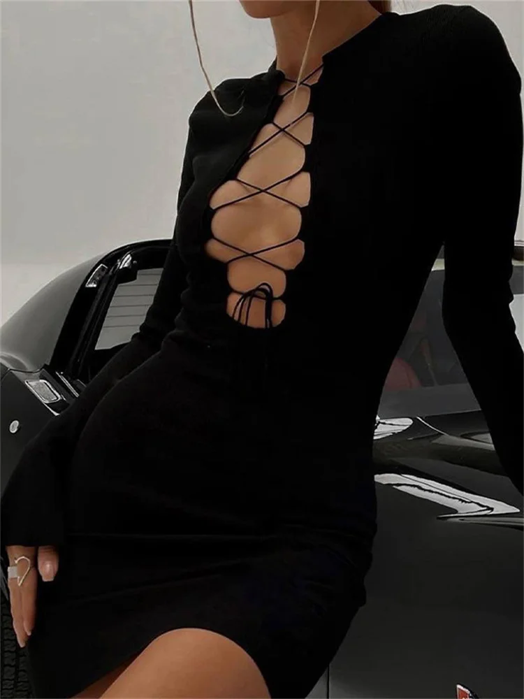 

WJFZQM Lace Up Cross Hollow Out Long Sleeve Mini Dress Women Bodycon Sexy Streetwear Party Club Festival 2022 Autumn Clothes